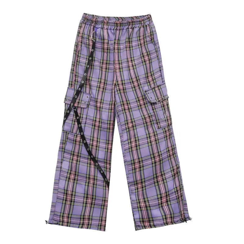 Punk Checkered Hip Hop Cargo Pants - Purple / L