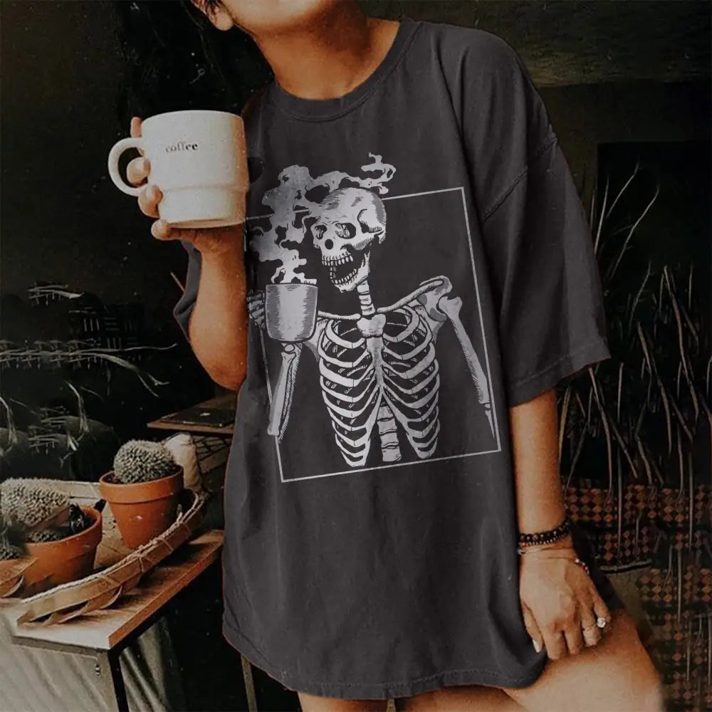 Punk Coffe Cup Skeleton T-Shirt - Dark Gray / S