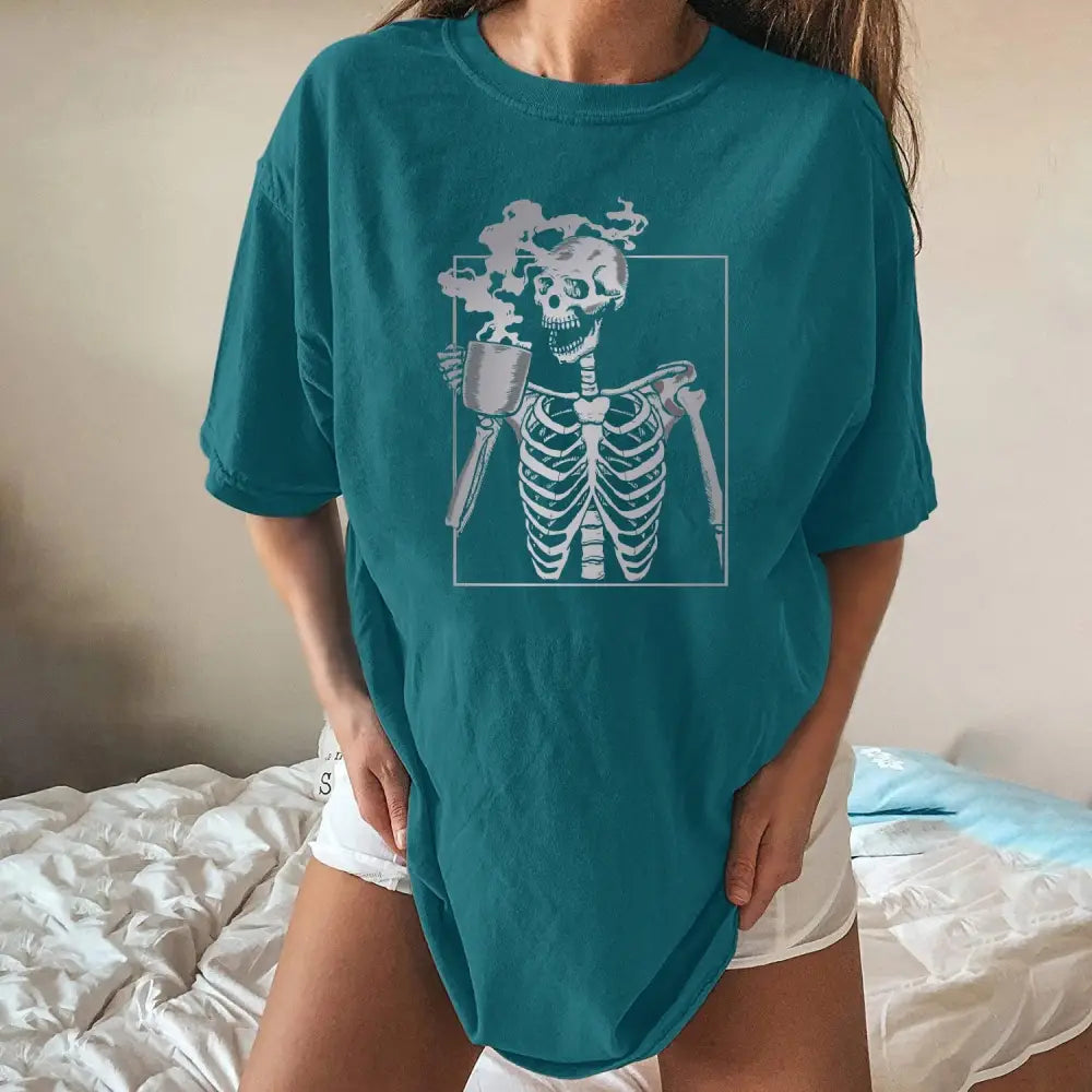 Punk Coffe Cup Skeleton T-Shirt - Dark Green / S