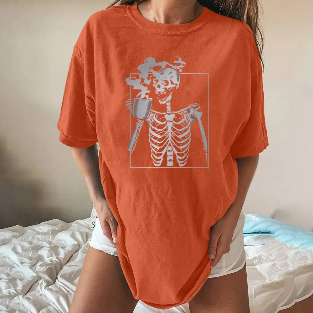 Punk Coffe Cup Skeleton T-Shirt - Orange / S
