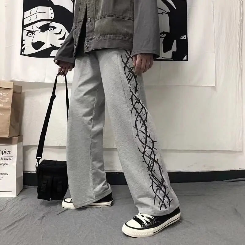 Punk Gothic Elastic Waist Wide Leg Pants Gray-Tribal / S