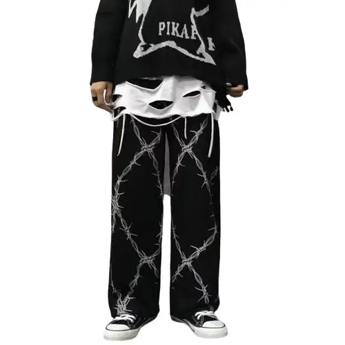 Punk Gothic Elastic Waist Wide Leg Straight Long Pants