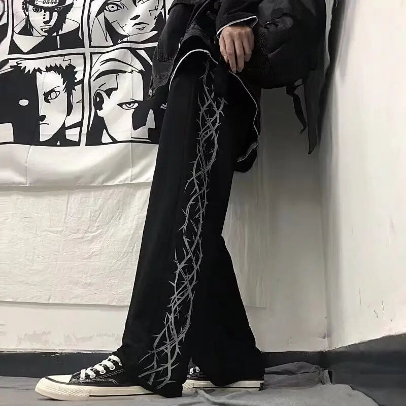 Punk Gothic Elastic Waist Wide Leg Straight Long Pants