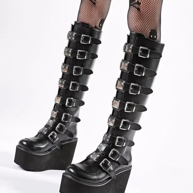 Punk Gothic High Heels PU VeganKnee Boots - black / 35