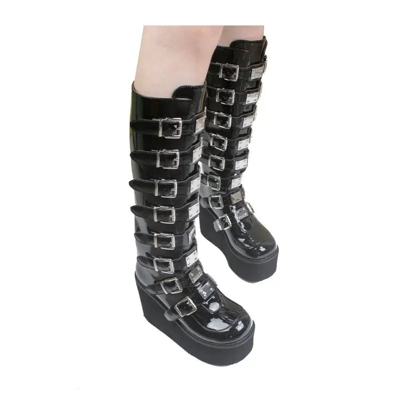 Punk Gothic High Heels PU VeganKnee Boots - black glow / 35