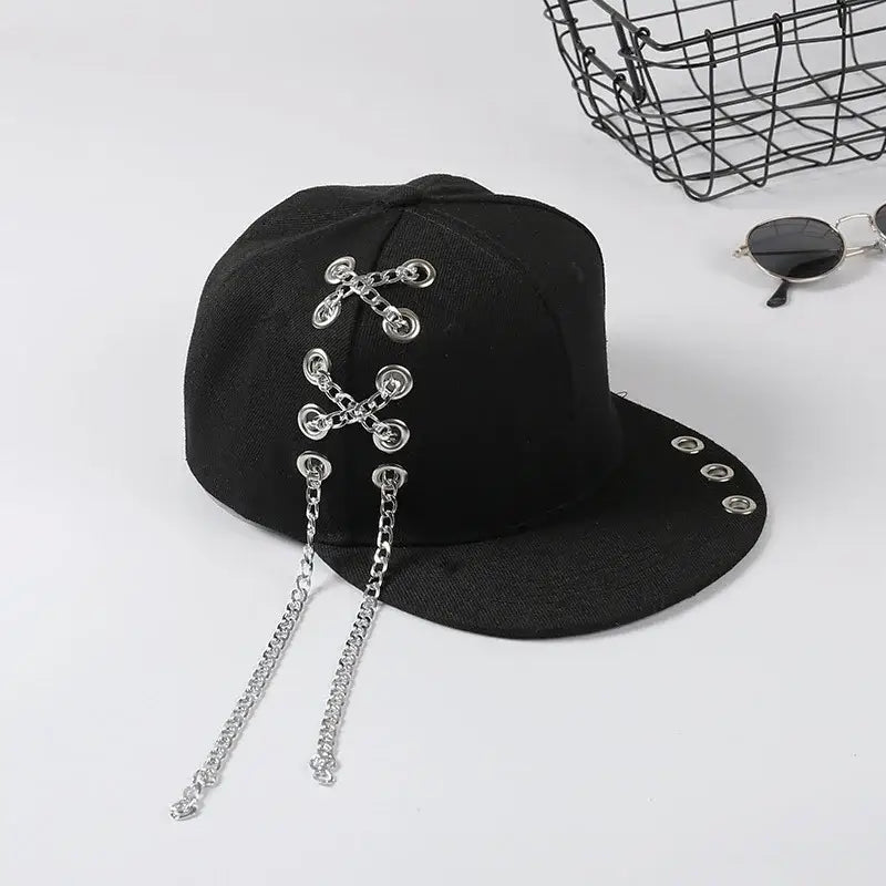 Punk Hip Hop Baseball Chain Hat Black Side