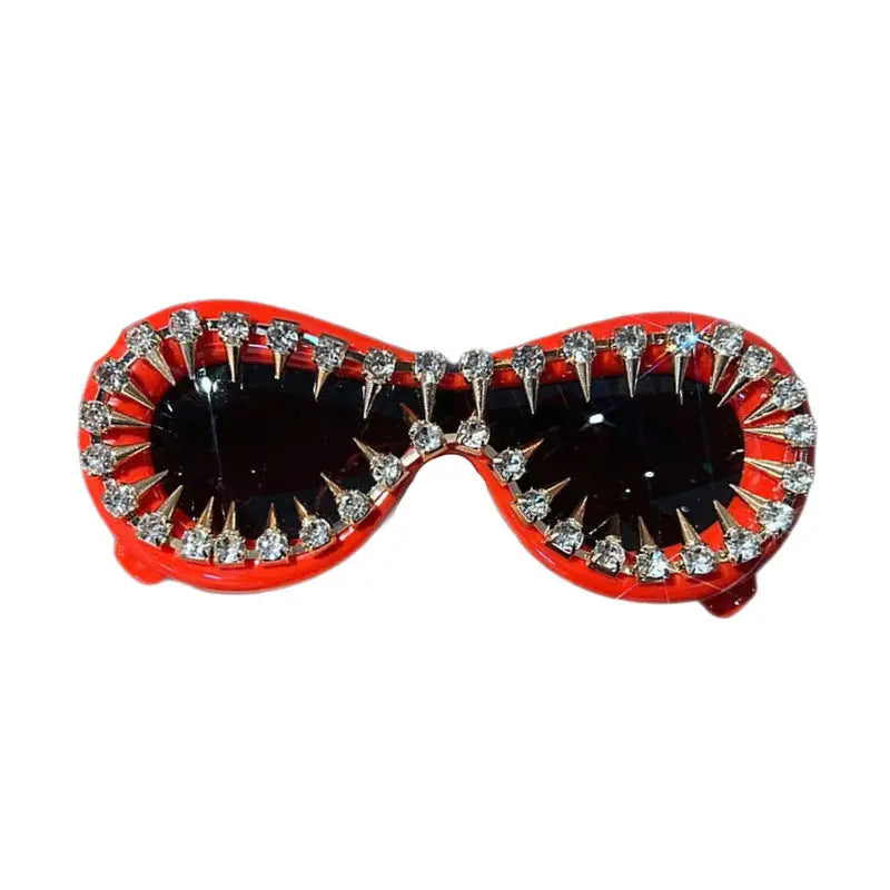 Punk Oval Rhinestone Futuristic Goggle Sunglasses - Red