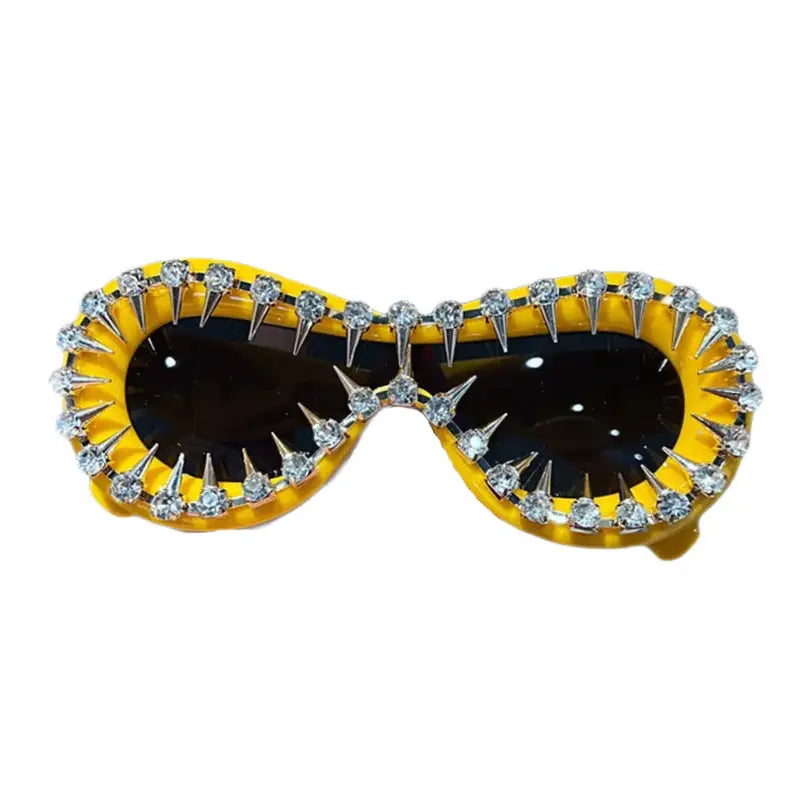 Punk Oval Rhinestone Futuristic Goggle Sunglasses - Yellow