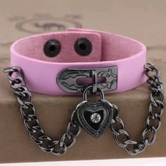 Punk PU Cuff Bangles Studded Wristband Bracelets Heart Pink