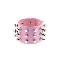 Punk PU Cuff Bangles Studded Wristband Bracelets Pink Silver