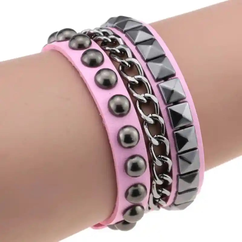 Punk PU Cuff Bangles Studded Wristband Bracelets Silver Pink