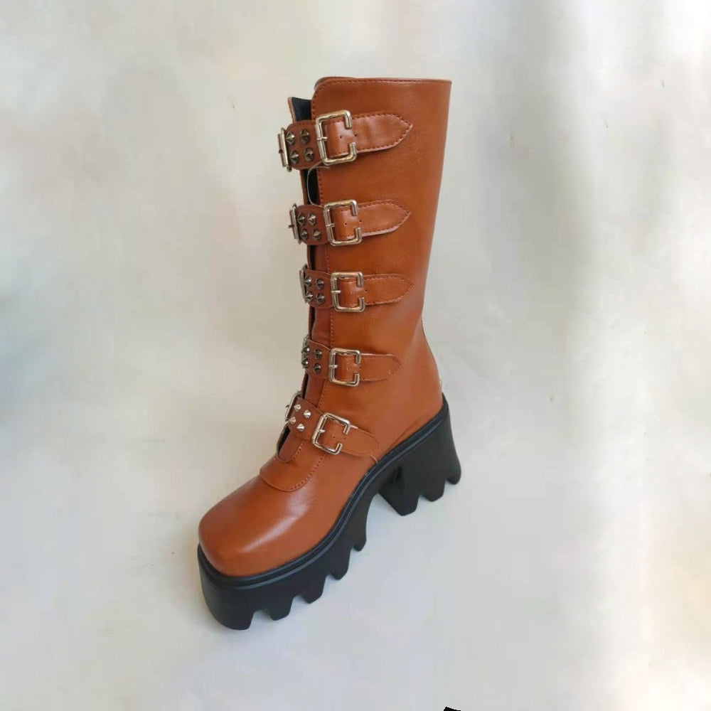 Punk Rock High-heeled Boots - Light Brown / 35 - boots