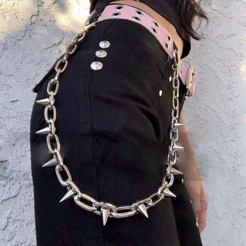 Punk Spike Metallic Waist Chain - One Size / Silver