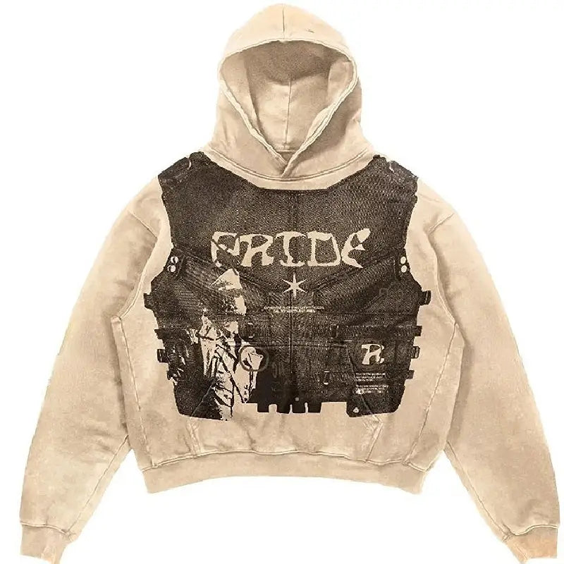 Punk Urban Printed Hoodie for Everyday Street Style Beige