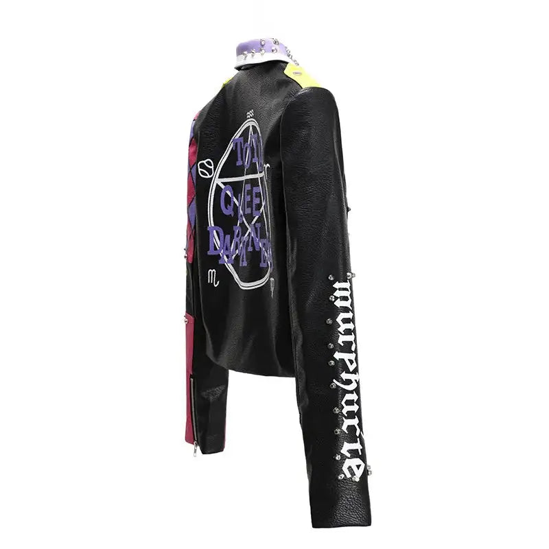 Purple and Black Motorcycle PU Leather Jacket with Belt