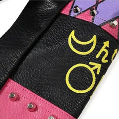 Purple and Black Motorcycle PU Leather Jacket with Belt