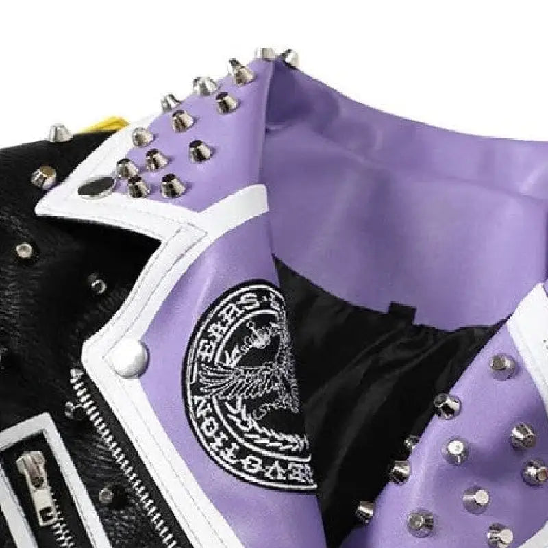 Purple and Black Motorcycle PU Leather Jacket with Belt