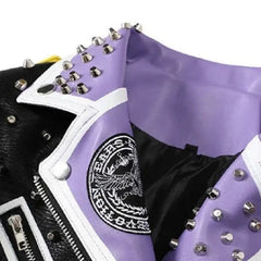 Purple and Black Motorcycle PU Leather Jacket with Belt