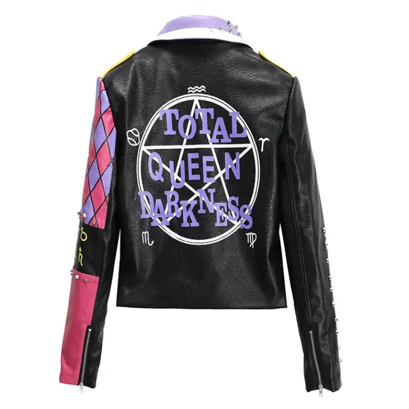 Purple and Black Motorcycle PU Leather Jacket with Belt