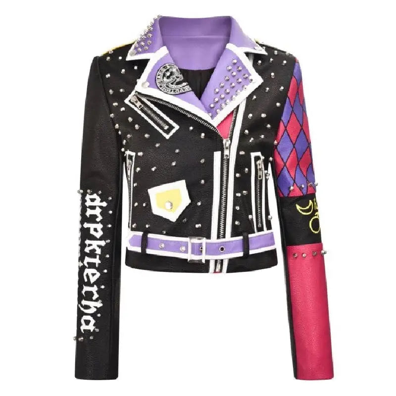 Purple and Black Motorcycle PU Leather Jacket with Belt / S