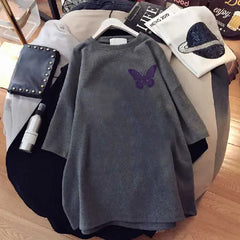 Purple Butterfly Oversize T-shirt - Dark Grey / M - T-Shirt