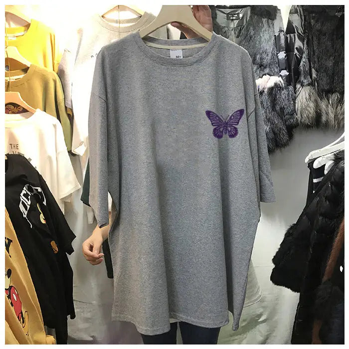 Purple Butterfly Oversize T-shirt - Light Grey / M - T-Shirt