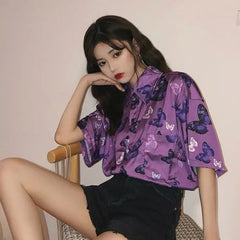 Purple Butterfly Vintage Short Sleeve Shirt