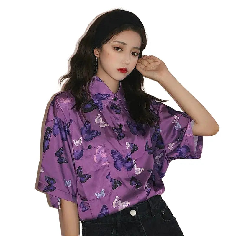 Purple Butterfly Vintage Short Sleeve Shirt