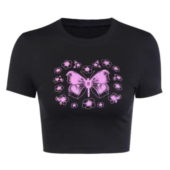 Purple Flower Butterfly Crop Top