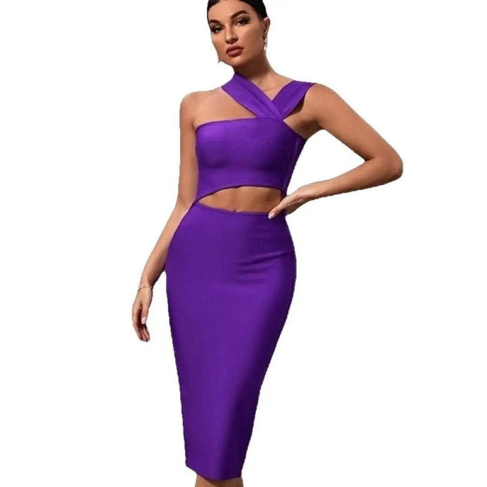 Purple Solid Color Sleeveless Elegant Bandage Dress