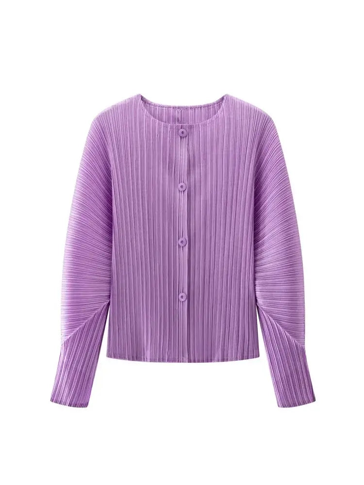 Round Neck Knit Long Sleeve Button Up Cardigan in purple color, featuring button-up design and ribbed texture for stylish layering.