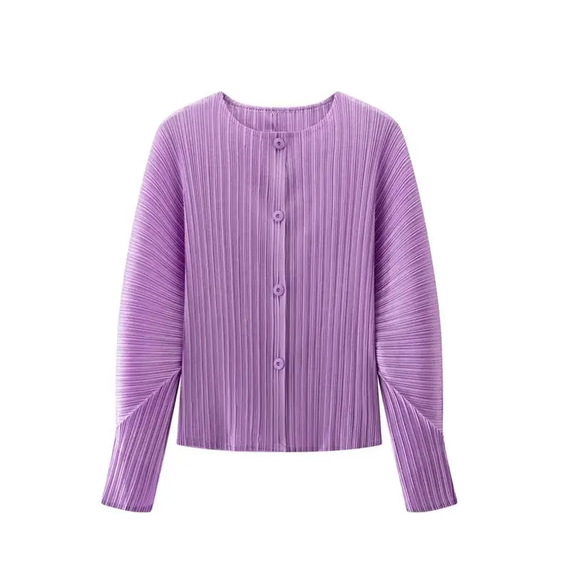 Round Neck Knit Long Sleeve Button Up Cardigan in purple, front view