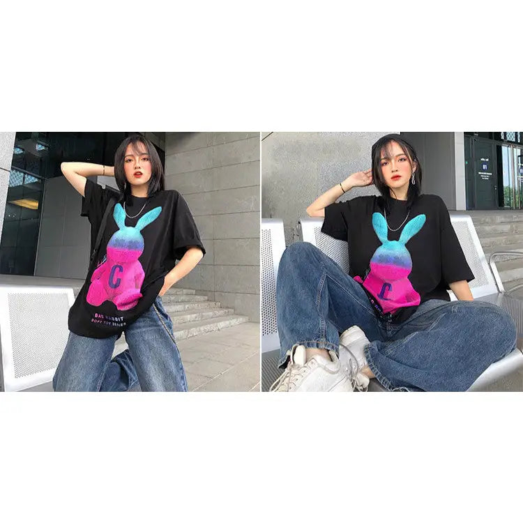 Rabbit Cartoon Loose T Shirt for Men and Women