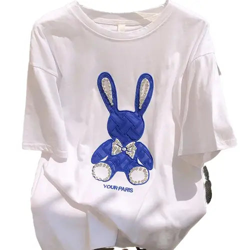 Rabbit Embroidery Loose T-Shirts - White/Blue / S - T-Shirt