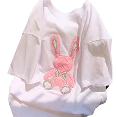 Rabbit Embroidery Loose T-Shirts - White/Pink / S - T-Shirt