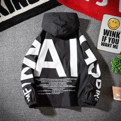 Raglan Letter Print Hooded Jacket for Men and Women Black