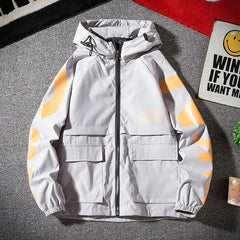 Raglan Letter Print Hooded Jacket for Men and Women Grey / M