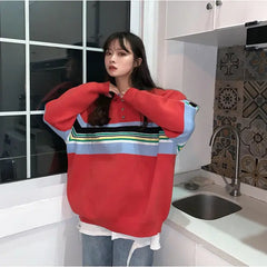 Rainbow Color Striped Kawaii Sweatshirt with Polo Collar