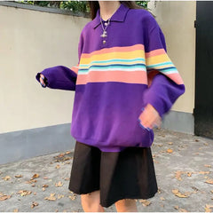 Rainbow Color Striped Kawaii Sweatshirt with Polo Collar