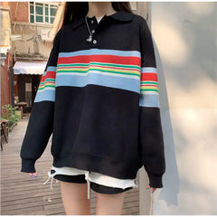 Rainbow Color Striped Kawaii Sweatshirt with Polo Collar