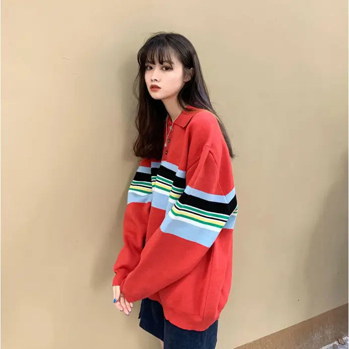 Rainbow Color Striped Kawaii Sweatshirt with Polo Collar