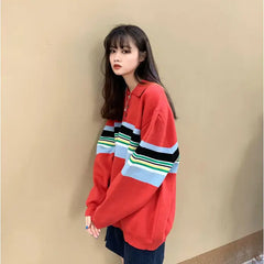 Rainbow Color Striped Kawaii Sweatshirt with Polo Collar