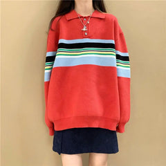 Rainbow Color Striped Kawaii Sweatshirt with Polo Collar