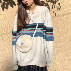 Rainbow Color Striped Kawaii Sweatshirt with Polo Collar