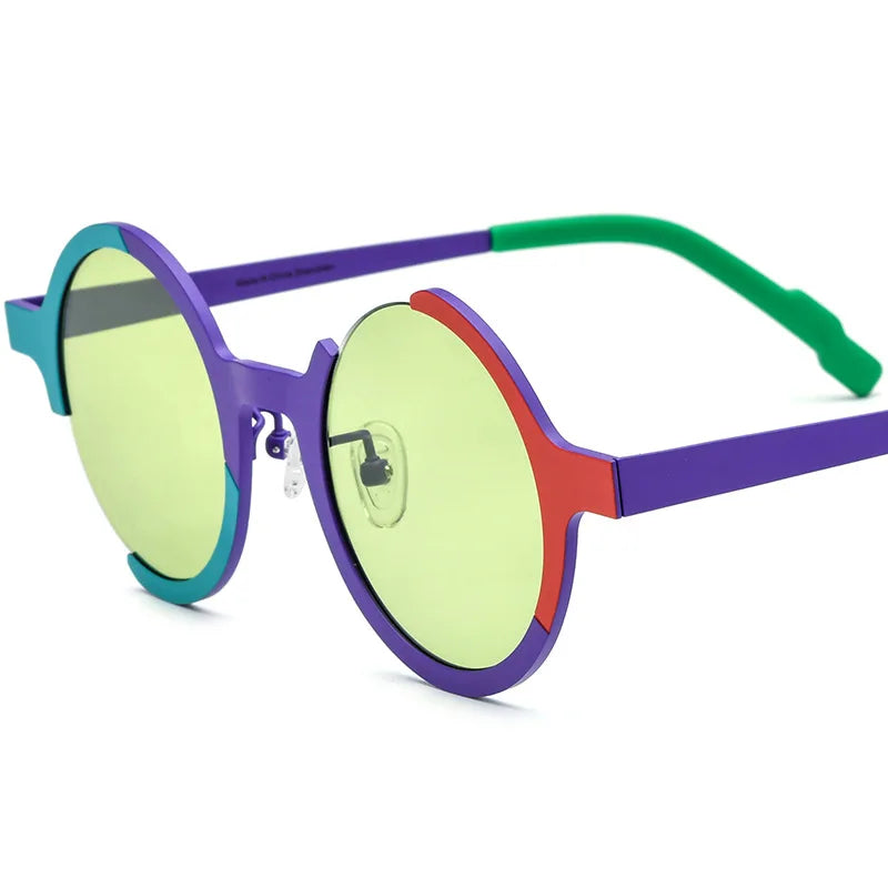 Rainbow colorblock round sunglasses showcasing vibrant acetate frame material and anti UV protection detail.