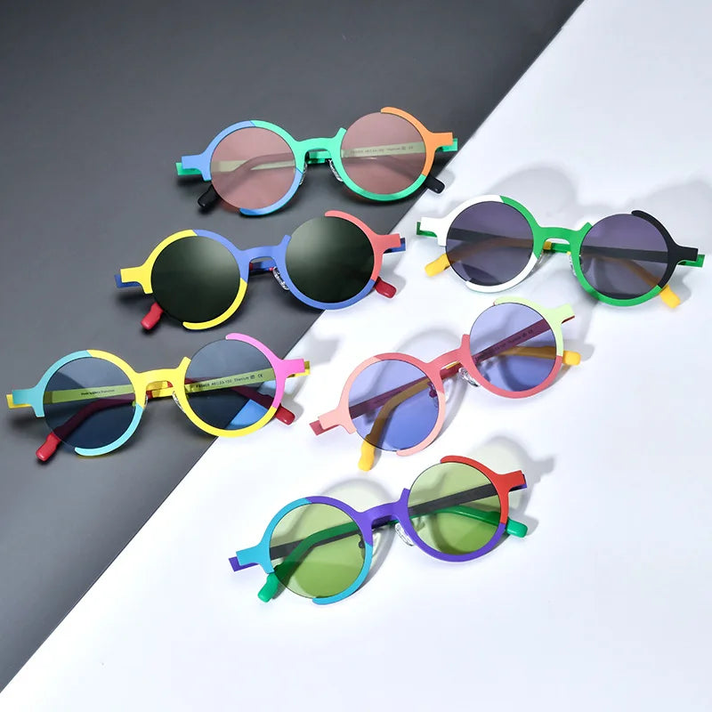 Rainbow colorblock round sunglasses with acetate frame and UV protection