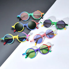 Rainbow colorblock round sunglasses with acetate frame and UV protection