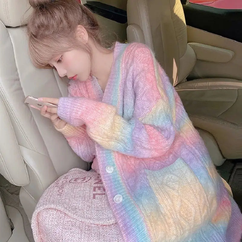 Rainbow Knitted Kawaii Sweater Open Cardigan