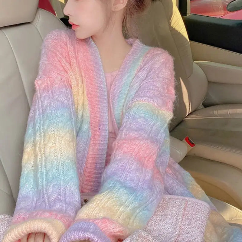 Rainbow Knitted Kawaii Sweater Open Cardigan