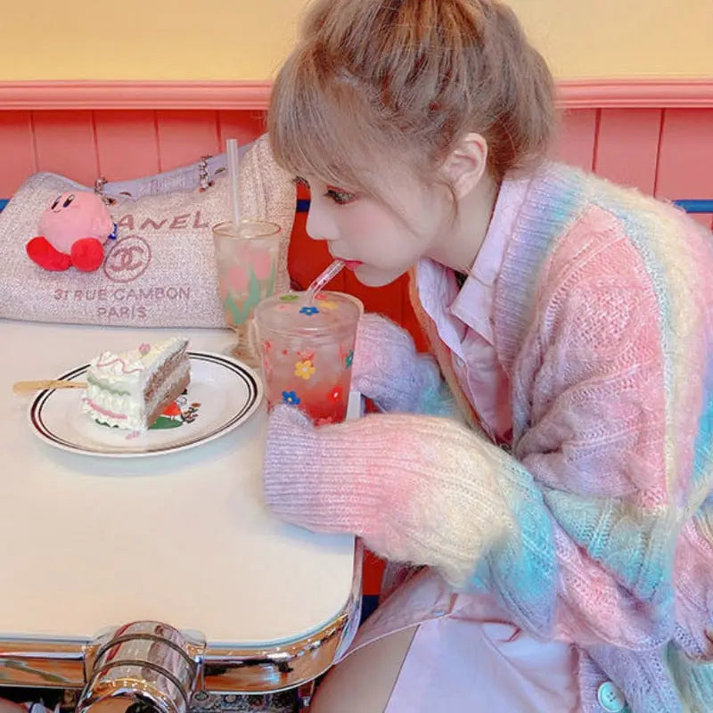 Rainbow Knitted Kawaii Sweater Open Cardigan
